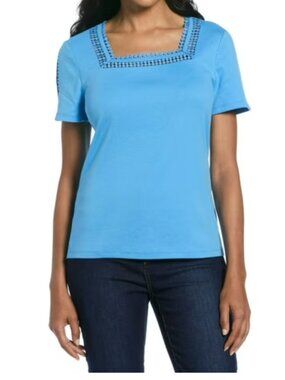 Rafaella Women's Crochet Lace Trims Cotton Short Sleeve Square Neck Top Size XL